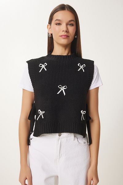 Lovelyİstanbul Black Crop Knitwear Sweater - Bow Detail, Tie Lmt0025