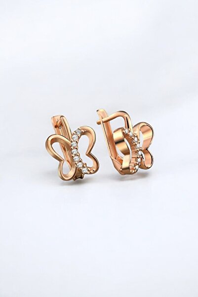 jelux silver Gümüş 925 Ayar Kelebek Desenli Rose Renkli Taşlı Çocuk Küpe