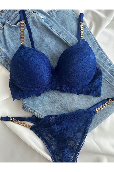 Gold Night Kadın Mavi Dantelli Zincir Detaylı Balenli Destekli Dolgulu Sütyen Takımı Iç Çamaşırı Takımı