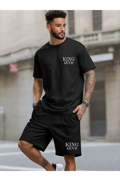 DEEPSENCE طقم تي شيرت وشورت أسود للرجال - طقم KING مكون من قطعتين