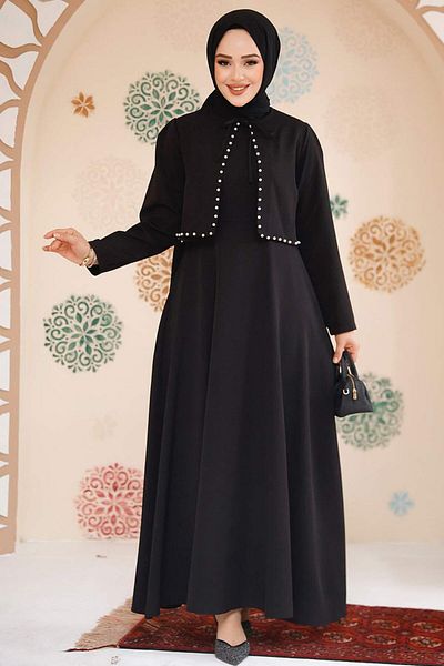 Neva Style Σετ Μαύρο Φόρεμα και Μπουφάν Hijab - 61462S