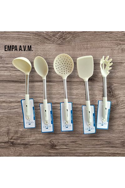 IVORY Set of 5 Silicone Spoons with Steel Handle - Spatula, Colander, Ladle and Pasta Spoon