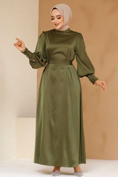 Neva Style فستان سهرة حجاب كاكي من الساتان 61651hk