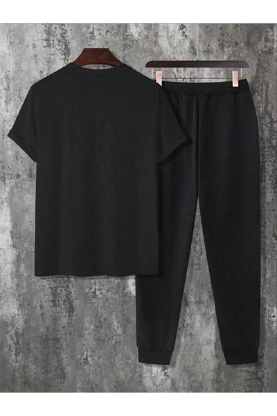 REBRAND Black T-Shirt Set - Printed Top and Bottom Tracksuit Suit Oversize