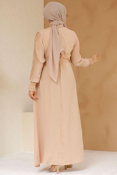 Neva Style Beige Pleated Hijab Dress - 10124Beige
