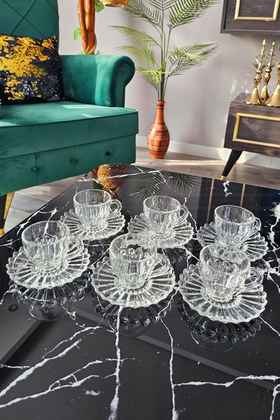 Gülümseten Avm Set of 6 Glass Turkish Coffee Cups |   Origami Pattern Coffee Cup |   Striped Coffee Cup Set