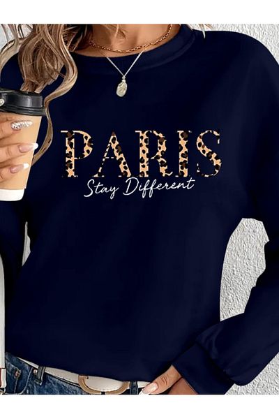 Gökyüzü Moda    Women's Long Sleeve Crew Neck Print Viscose Two Thread Blouse