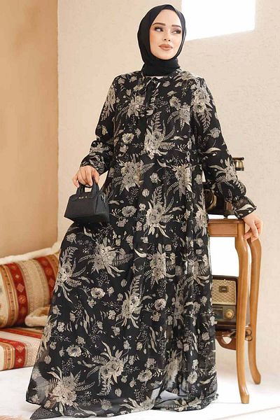 Neva Style Rochie din șifon hijab neagră cu imprimeu floral 23603S