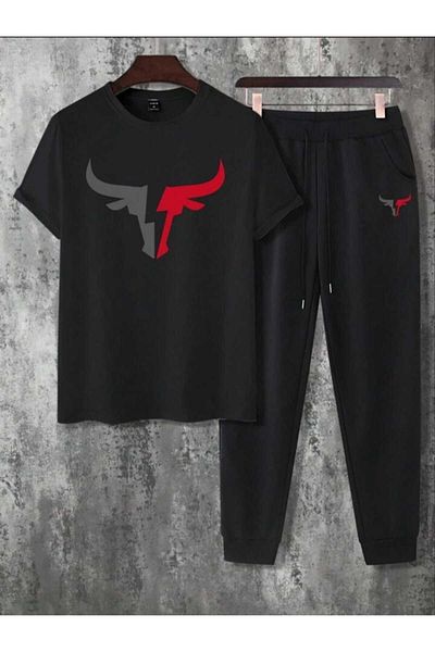REBRAND Black T-Shirt Set - Printed Top and Bottom Tracksuit Suit Oversize