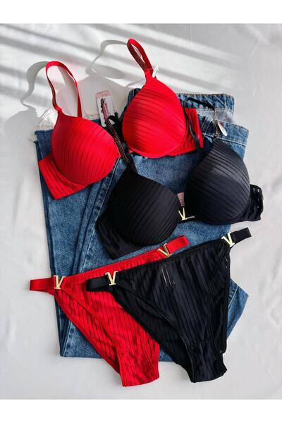 Gold Night طقم حمالات صدرية نسائية سوداء مخططة على شكل حرف V مدعمة على شكل حر...