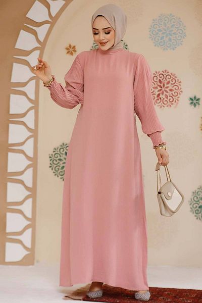 Neva Style Powder Hijab Dress with Pleated Sleeves 10124Pd