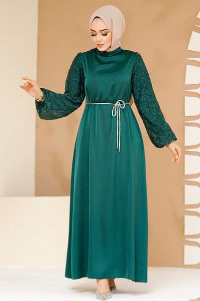 Neva Style Balloon Sleeve Emerald Green Hijab Evening Dress 61671Zy