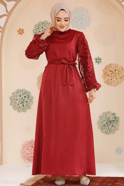 Neva Style Μπαλόνι μανίκι Claret Red Hijab Βραδινό Φόρεμα 61512br