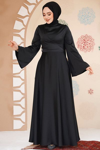 Neva Style Black Satin Hijab Evening Dress 6157S