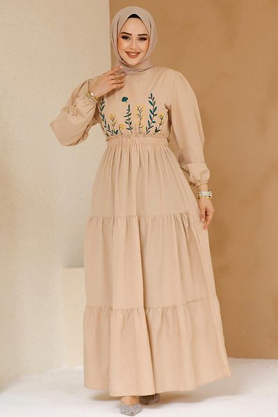 Neva Style Beige Hijab Dress - Embroidery Pattern, Model 7063Beige