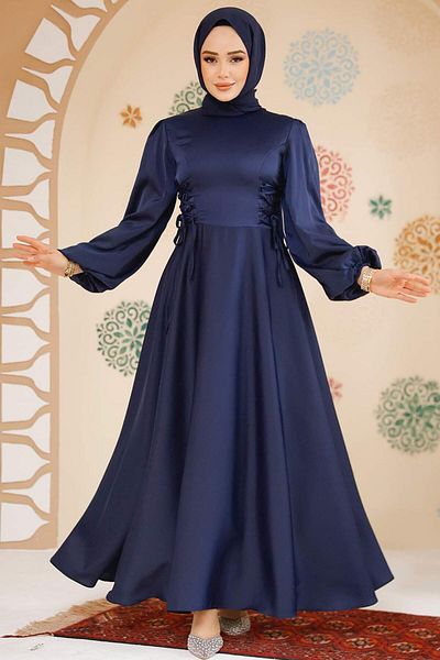 Neva Style Balloon Sleeve Navy Blue Satin Hijab Evening Dress 61501L
