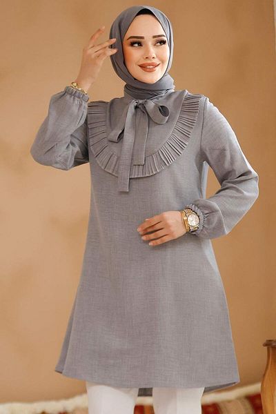 Neva Style Tunica Hijab Gri cu Volane Detaliat 6682GR
