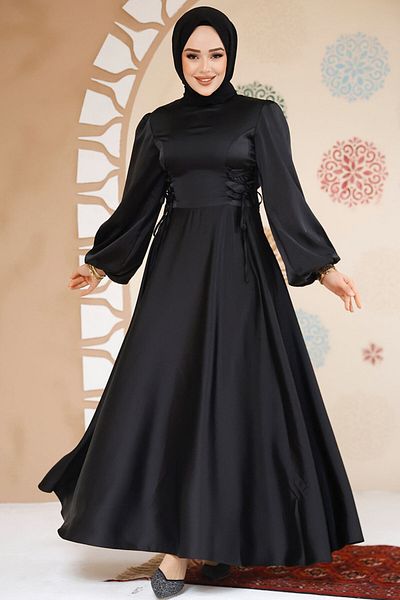 Neva Style Βραδινό φόρεμα με μανίκια μπαλόνι μαύρο σατέν χιτζάμπ 61501s