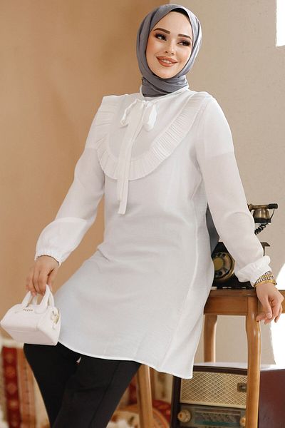 Neva Style Tunica hijab albă cu detaliu cu volan 6682B