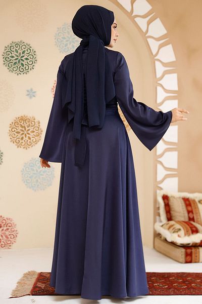 Neva Style Rochie de seară hijab din satin bleumarin 6157l