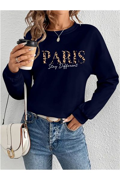 Gökyüzü Moda    Women's Long Sleeve Crew Neck Print Viscose Two Thread Blouse