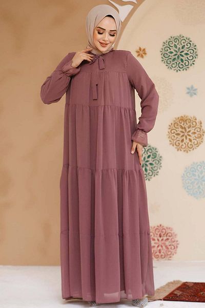Neva Style Rochie din șifon Hijab Dusty Rose - Pliuri de podea, 23601GK