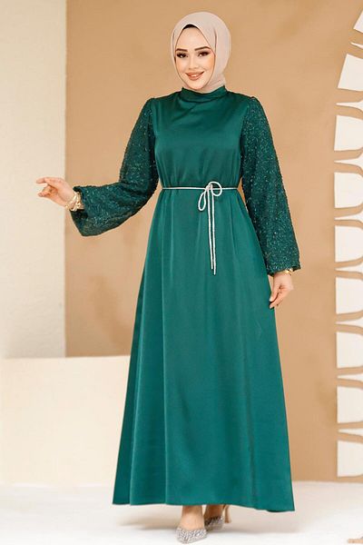 Neva Style Μπαλόνι μανίκι Emerald Green Hijab Βραδινό Φόρεμα 61671zy