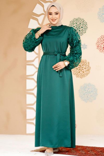 Neva Style Balloon Sleeve Emerald Green Hijab Evening Dress 61512Zy