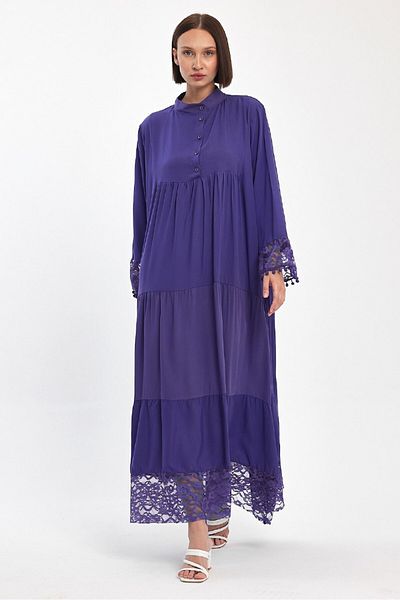 AYASOFYA OTANTIK Rochie lungă de damă, mov, cu guler cu nasturi, cu dantelă