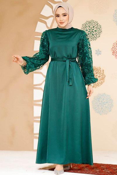 Neva Style Balloon Sleeve Emerald Green Hijab Evening Dress 61512Zy