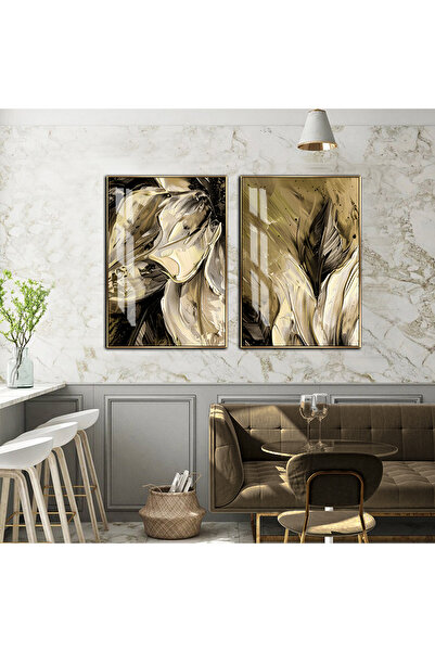 Harikabirev HARİKABİREV | COMBINAT DE MODELE ABSTRACTE CU FLORI GALBENE-NEGRE | TABLO DE STICLA TEMPERATA CU CADRU 2 PIESE VERTICALE