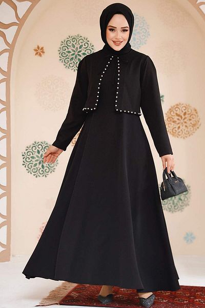Neva Style Σετ Μαύρο Φόρεμα και Μπουφάν Hijab - 61462S