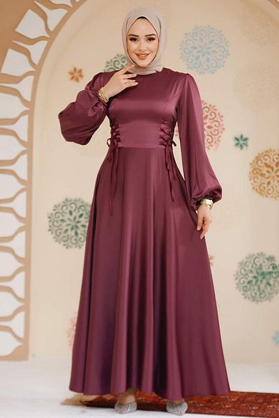 Neva Style Rochie de seara cu hijab - Rochie de seara musulmana din satin cu maneca cu balon 61501mu