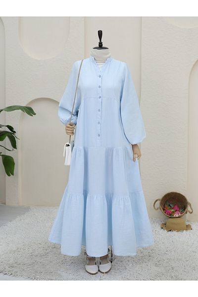 Modamorfo Baby Blue Muslin Φόρεμα - Μισό κουμπί και κομμένο