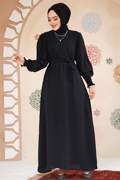 Neva Style Black Hijab Dress with Pleated Sleeves 10124S