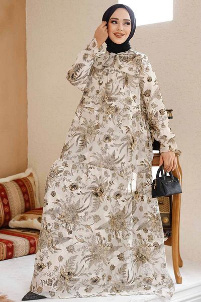 Neva Style Rochie din șifon hijab ecru cu modele florale 23603E