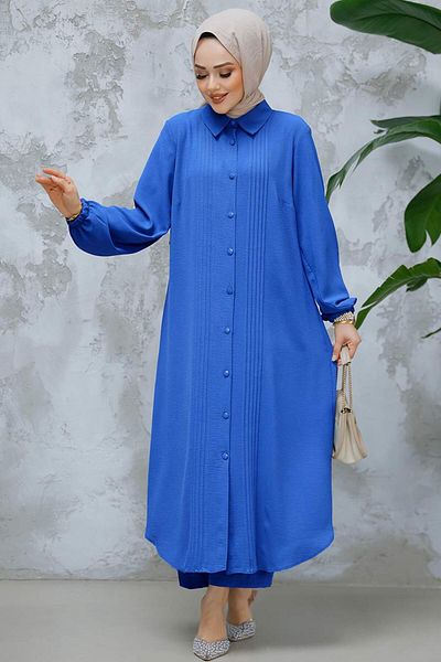 Neva Style Indigo Blue Buttoned Hijab Set of Two - 10891Im