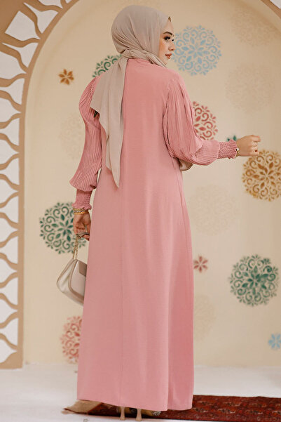 Neva Style Powder Hijab Dress with Pleated Sleeves 10124Pd