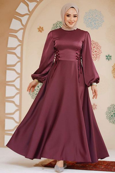 Neva Style Rochie de seara cu hijab - Rochie de seara musulmana din satin cu maneca cu balon 61501mu
