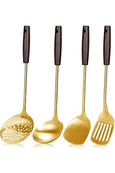 STOREMAX Ntwork Kitchen Cooking Set - 4 Piece Long Wooden Handle Stainless Steel Spatula, Colander, Ladle -