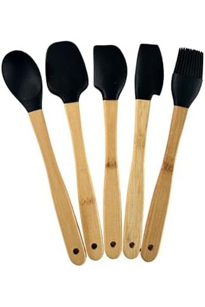 STOREMAX Sellbuystore Kitchen Bamboo Silicone Heat Resistant Spoon Ladle Set Set of 5 Black 1053513