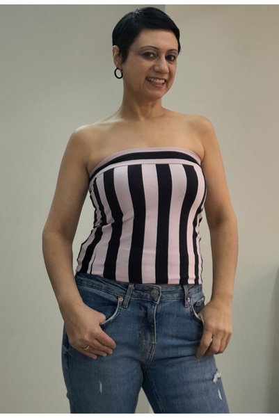 Mertcan Butik Navy Blue Pink Striped Combed Viscose Bustier Strapless Badi Tank Top T-Shirt