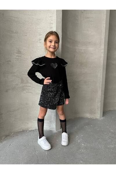 Genel Markalar Kız çocuk leopar şort etekli ikili kız şık takım