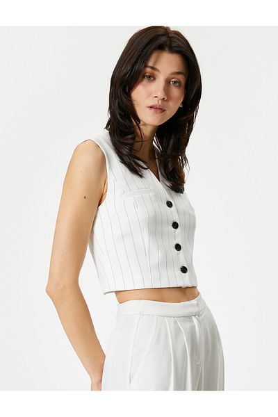Koton Crop Vest Buttoned Fleto Pocket Buttoned V-Neck