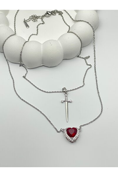 ilvesa shop Prenses ve Avcı Kalp Kılıç Sevgili Çift Kombin Çelik Kolye