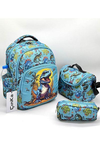ms mixxstore Rucsac albastru cu model de dinozaur pentru băiat, cu suport pentru nutriție și creion
