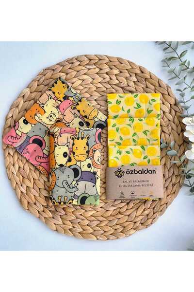 ÖZBALDAN شمع العسل - 4 قماش لتخزين الطعام قابل لإعادة الاستخدام، 1 كيس صغير (طبيعي، مع شمع) للأطفال والليمون