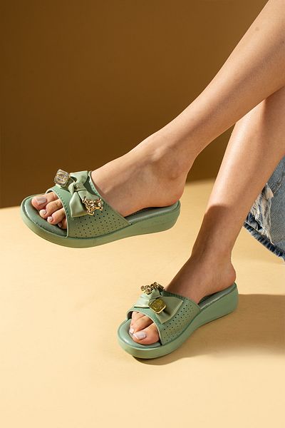 Pembe Potin New Season Green Comfortable Light Sole Daily Buckle Wedge Heel Slippers Sandals