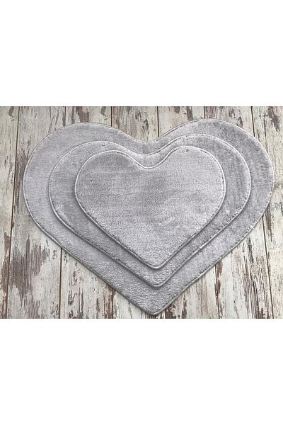 Dokumacıoğlu Elite Heart Model 3-Pece Grey βελούδινο χαλί μπάνιου Σετ πατάκι μπάνιου Αντιολισθητικό σετ καθίσματος τουαλέτας