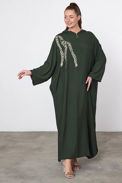 AYASOFYA OTANTIK Γυναικείο χακί κέντημα με λεπτομέρεια με φερμουάρ και γιακά με κουκούλα Oversize Loose Plus Size Φόρεμα